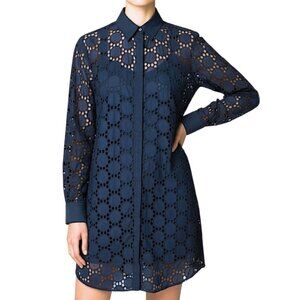 Anne Fontaine Navy Blue Eyeless long Sleeve Button Front Dress Women's Size 6